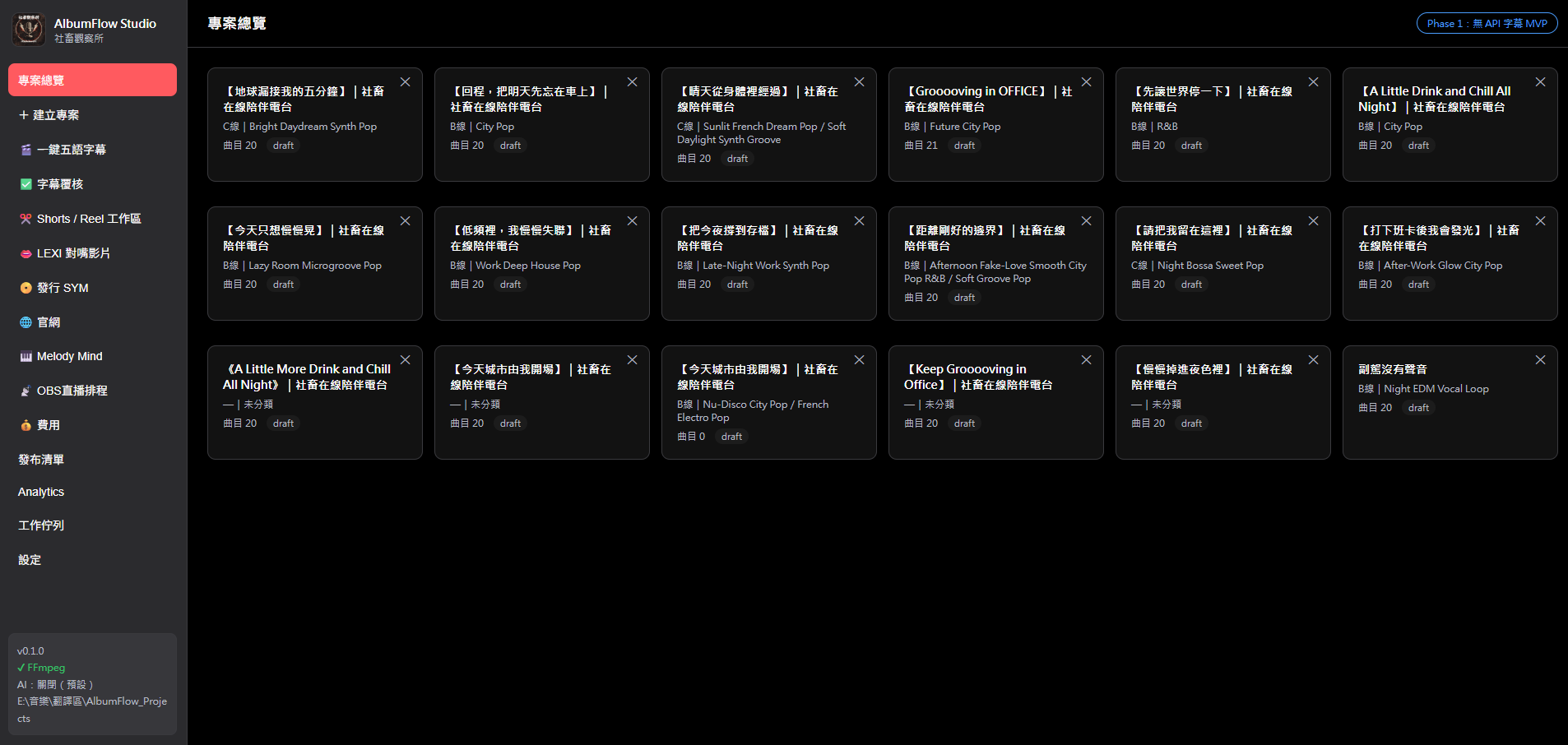 AlbumFlow Studio 專案總覽：各張專輯的曲目數與狀態卡片，左側為一鍵五語字幕、字幕覆核與 Shorts 工作區
