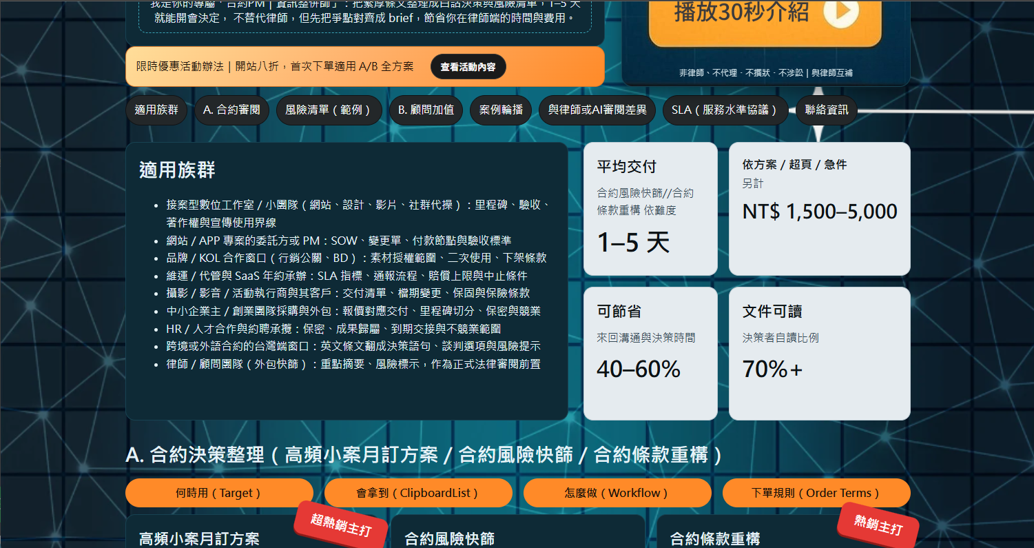 Contract Decision Studio 服務產品化畫面：適用族群、交付與方案
