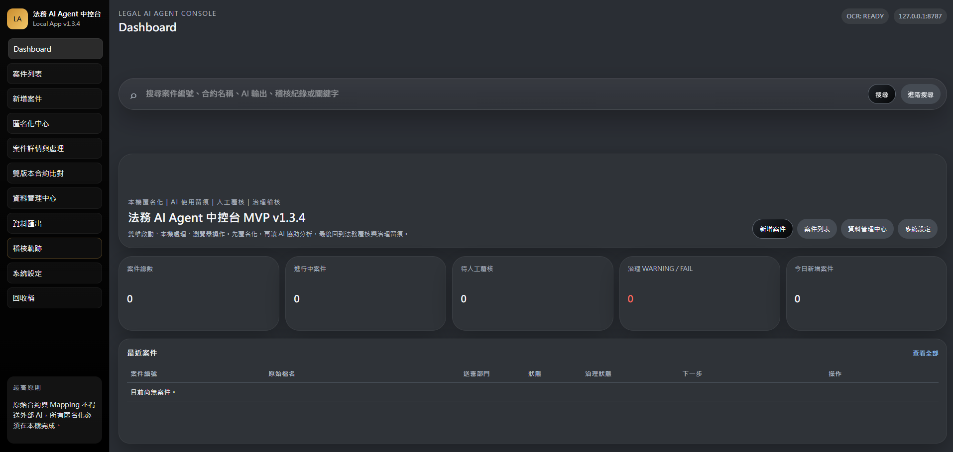 法務 AI Agent 中控台 Dashboard：左側為匿名化中心、雙版本合約比對與稽核軌跡，主區為案件統計與最近案件清單