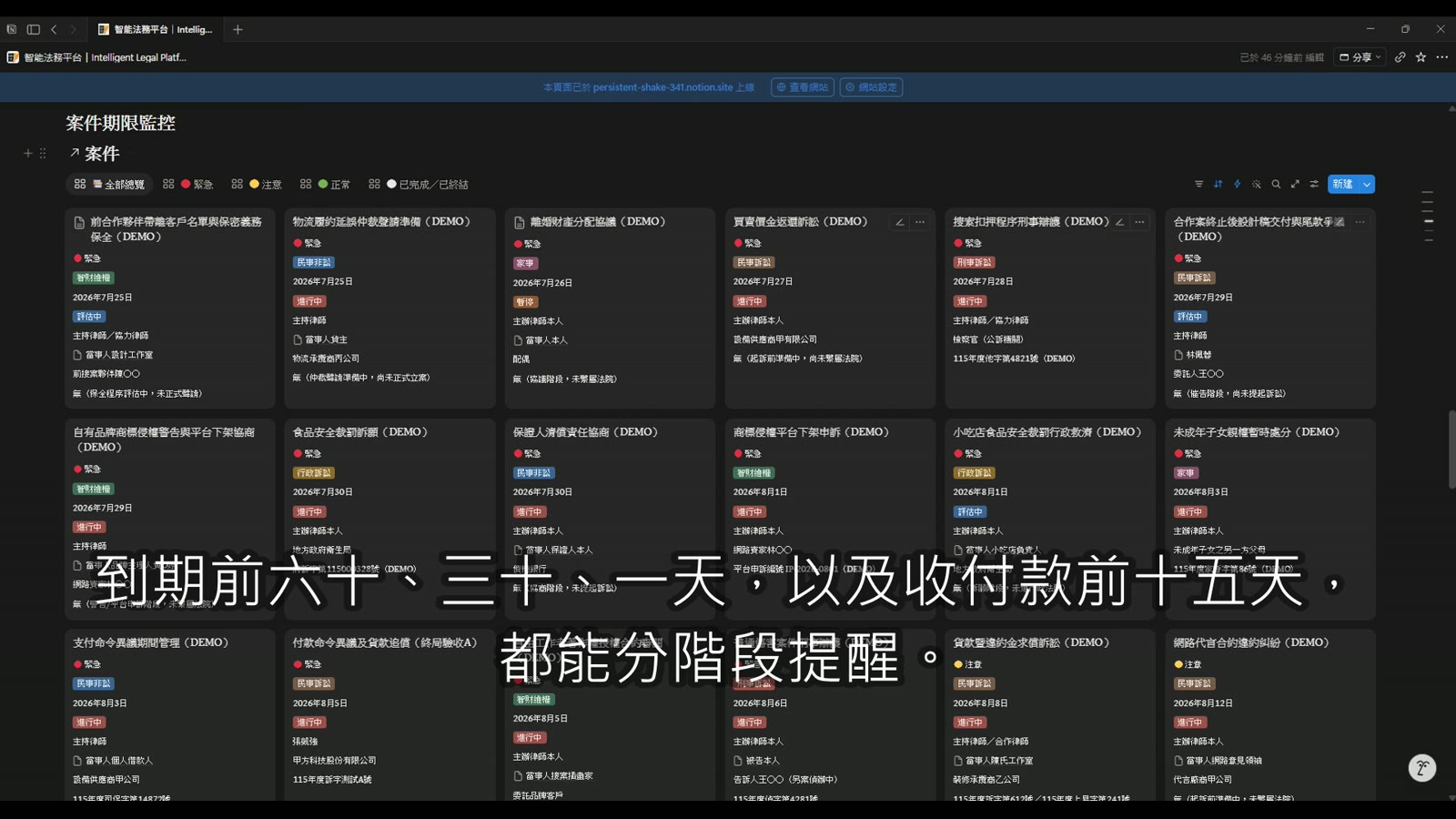 Notion 法律事務作業系統導覽影片：案件期限監控看板與合約到期提醒（示範資料）